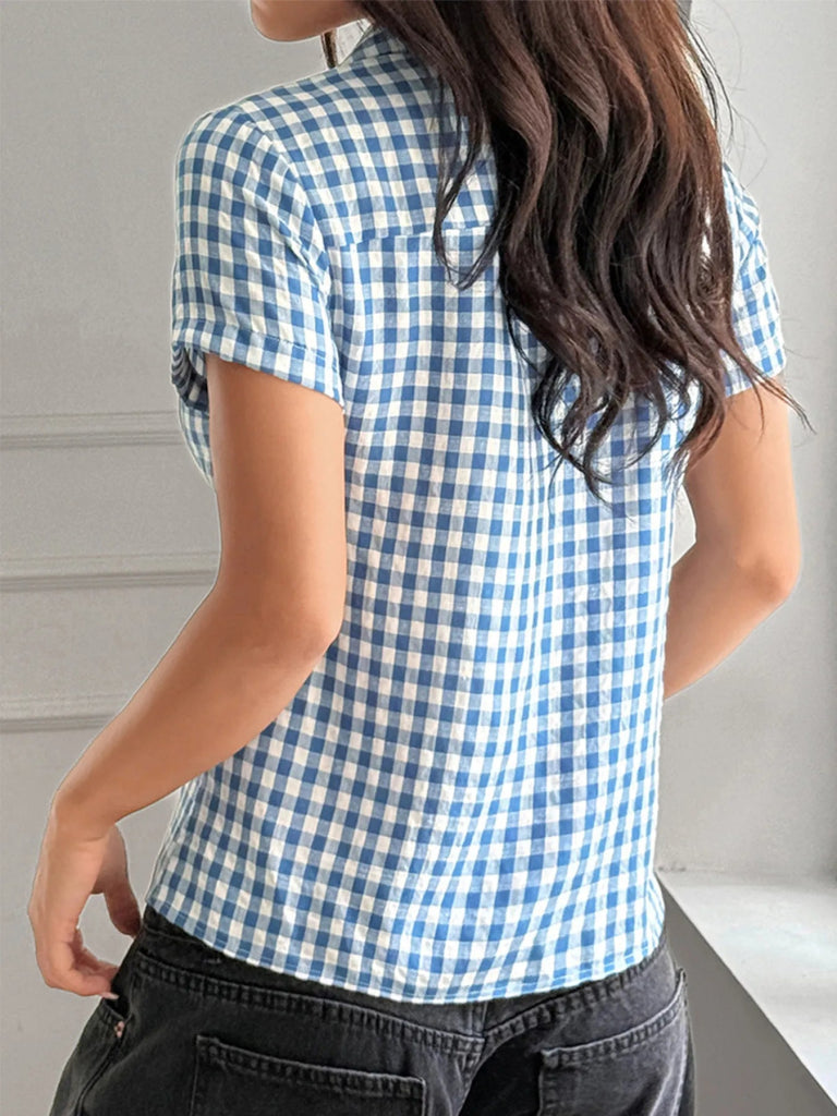 Gingham Check Short Sleeve Button - Up Shirt - Blue by Trendsi from FREYA’S CLOSET