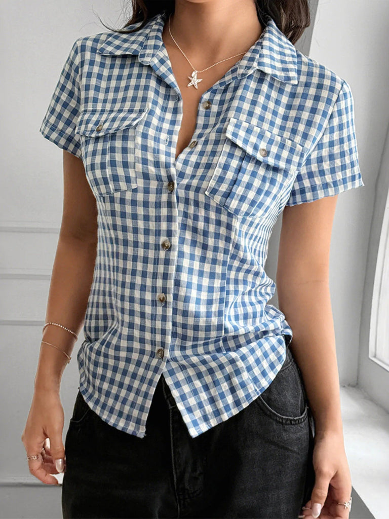 Gingham Check Short Sleeve Button - Up Shirt - Blue by Trendsi from FREYA’S CLOSET