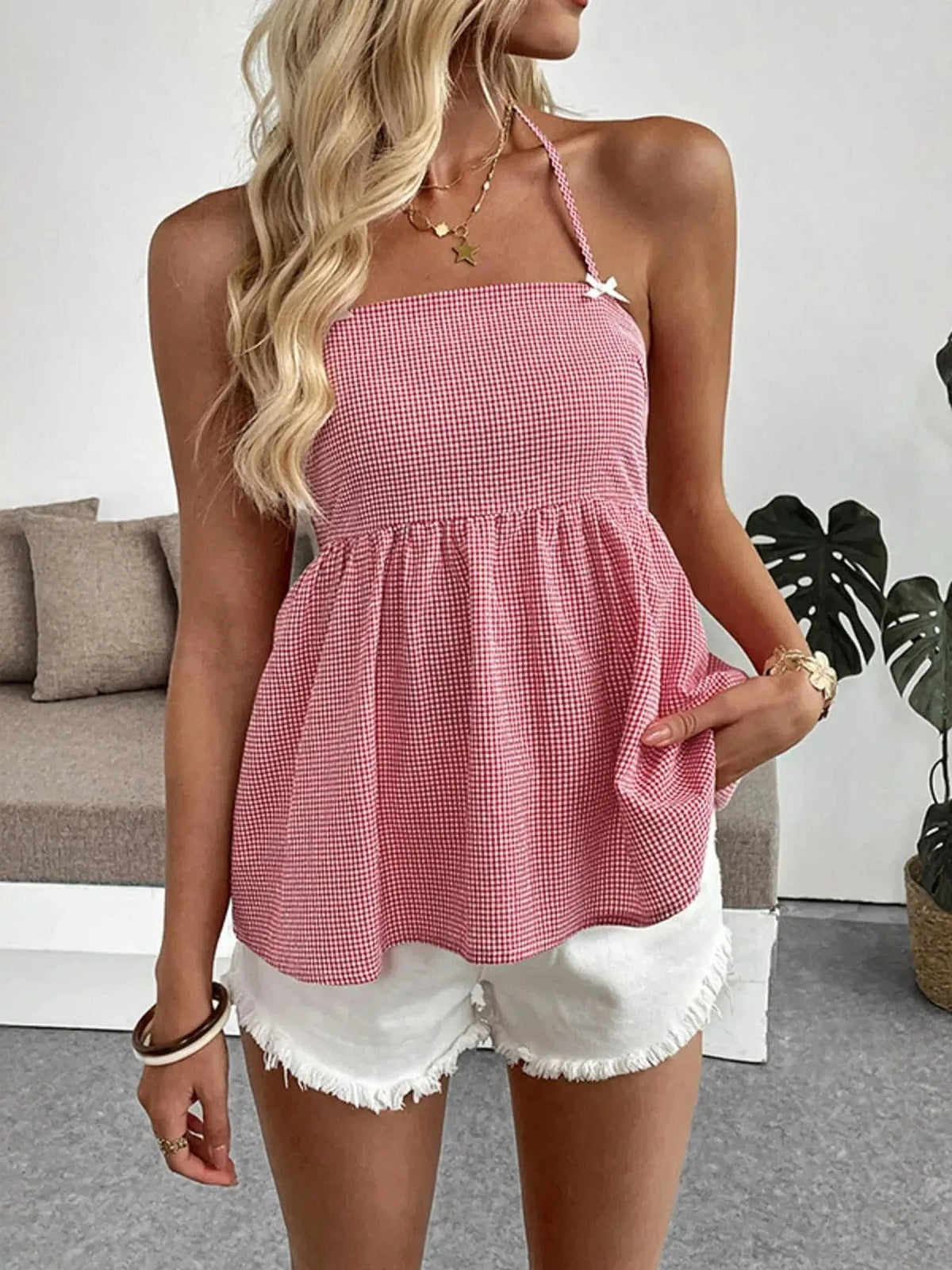 Trendsi Shirts and Blouse Red / S Gingham Halter Neck Cami Top