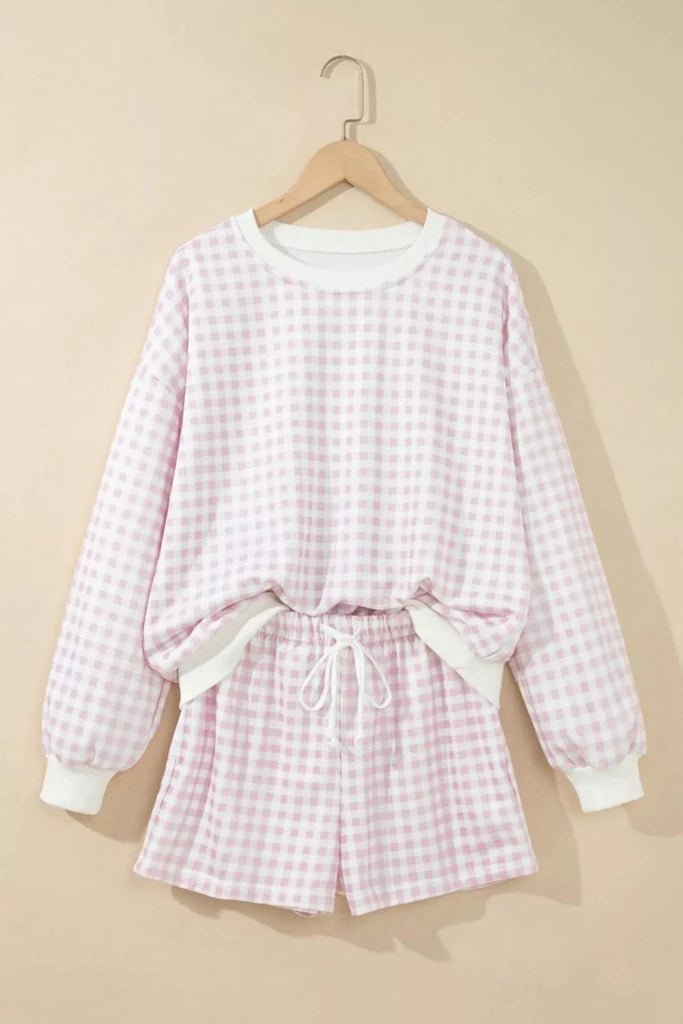 Gingham long sleeve sweatshirt and shorts set, alternate product image