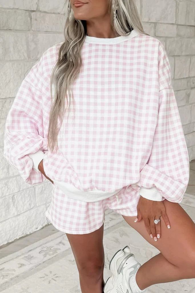 Gingham long sleeve sweatshirt and shorts set, alternate product image