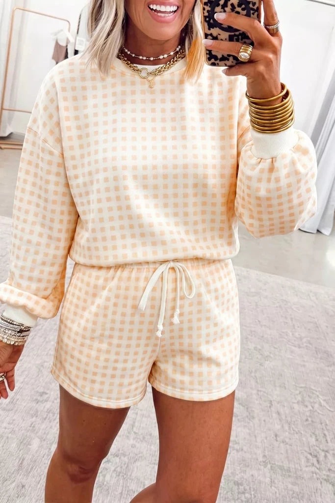 Gingham long sleeve sweatshirt and shorts set, alternate product image