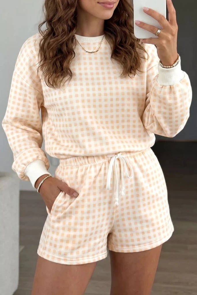 Gingham long sleeve sweatshirt and shorts set, alternate product image