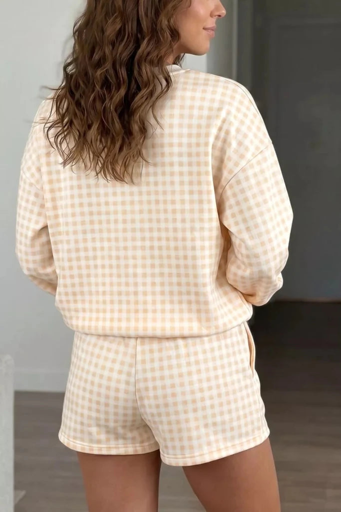 Gingham long sleeve sweatshirt and shorts set, alternate product image