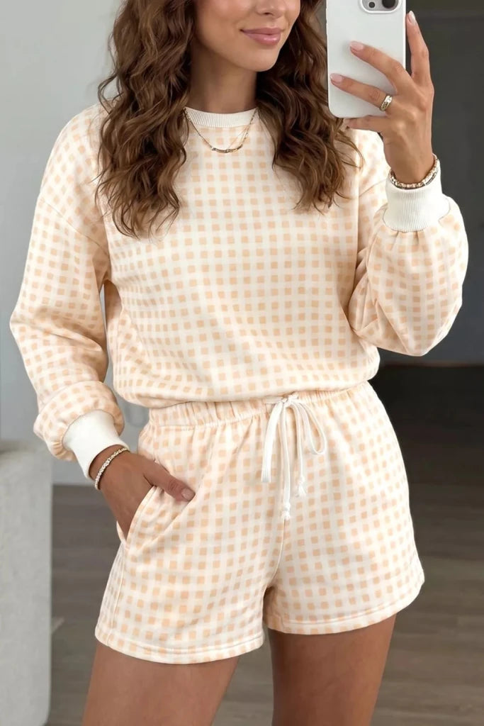 Gingham long sleeve sweatshirt and shorts set, alternate product image