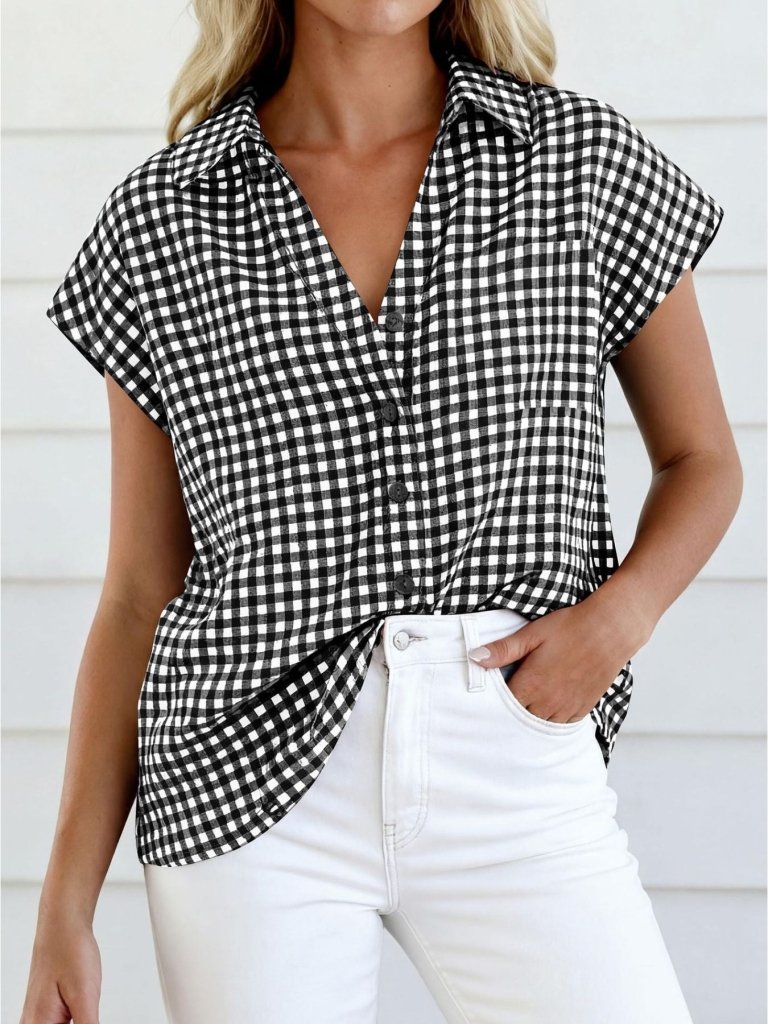 Gingham Print Button - Down Shirt - Black by Trendsi from FREYA’S CLOSET
