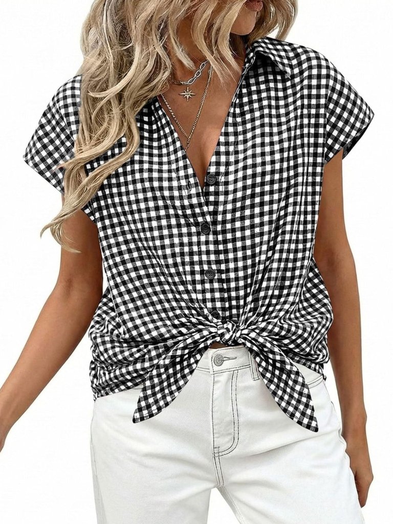 Gingham Print Button - Down Shirt - Black by Trendsi from FREYA’S CLOSET