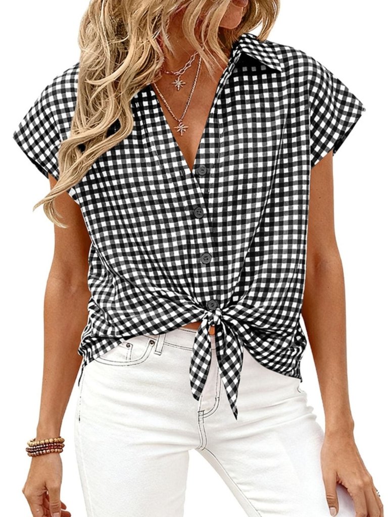 Gingham Print Button - Down Shirt - Black by Trendsi from FREYA’S CLOSET