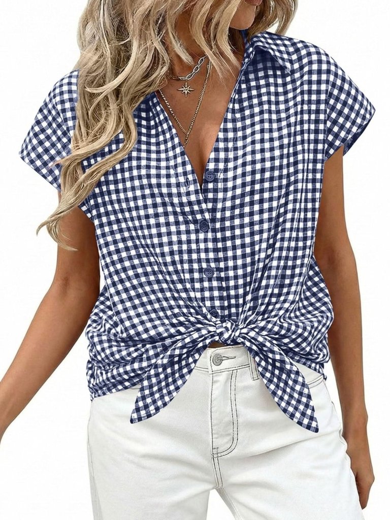 Gingham Print Button - Down Shirt - Navy by Trendsi from FREYA’S CLOSET