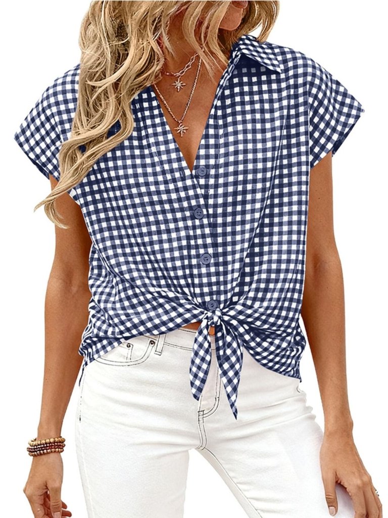 Gingham Print Button - Down Shirt - Navy by Trendsi from FREYA’S CLOSET
