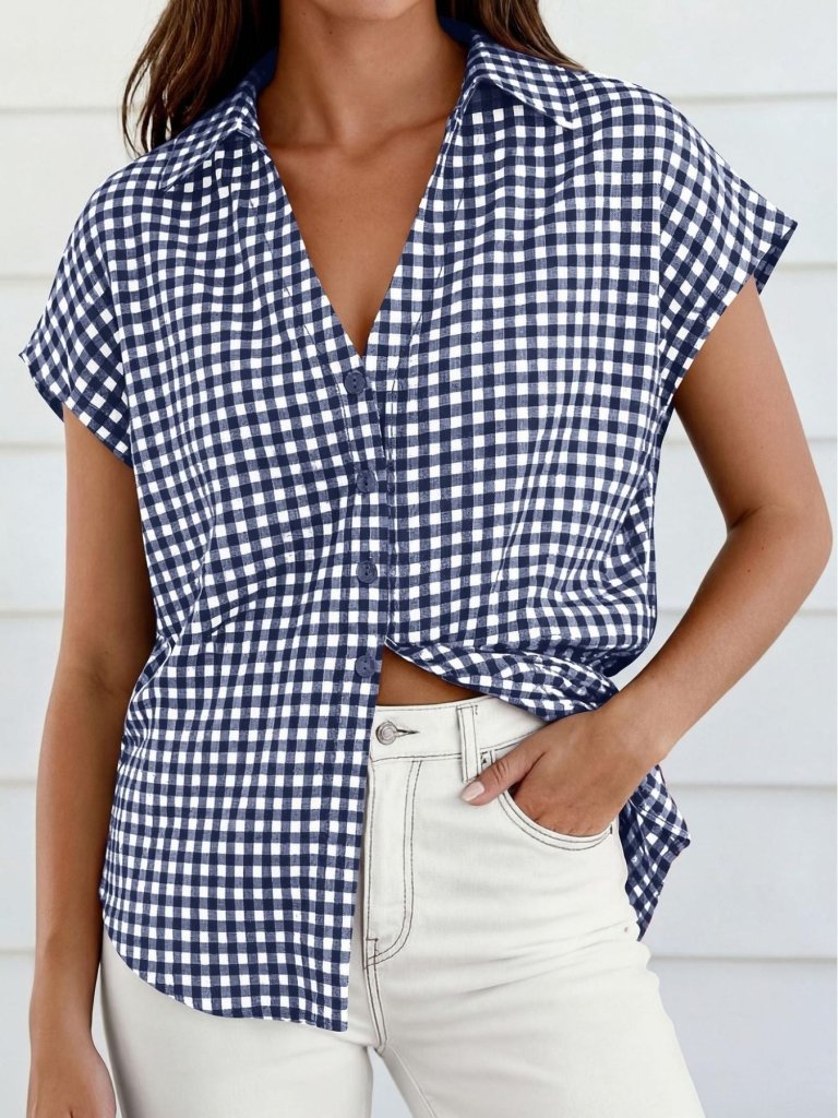 Gingham Print Button - Down Shirt - Navy by Trendsi from FREYA’S CLOSET