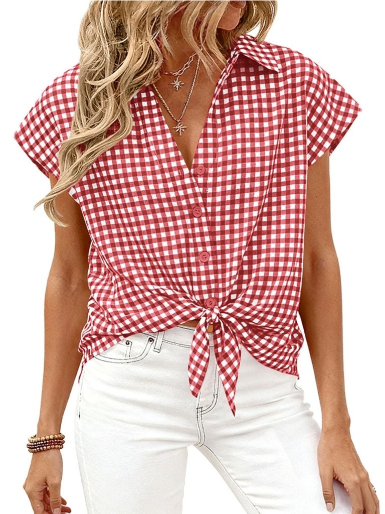 Gingham Print Button - Down Shirt - Red by Trendsi from FREYA’S CLOSET