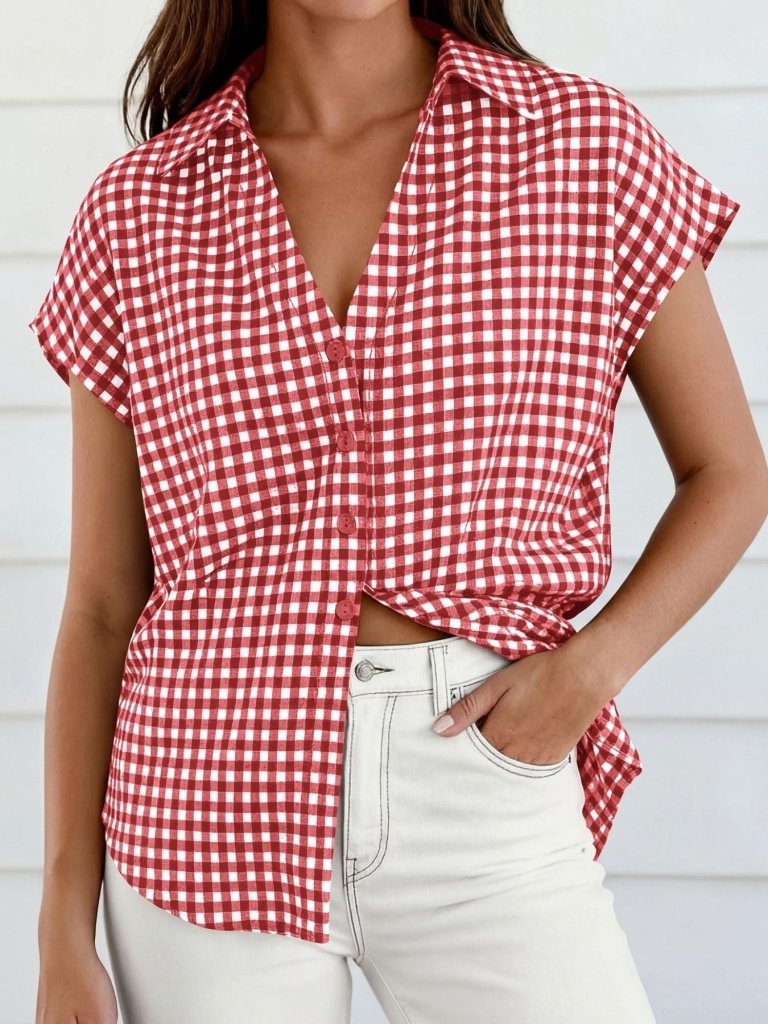 Gingham Print Button - Down Shirt - Red by Trendsi from FREYA’S CLOSET