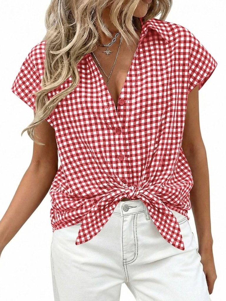 Gingham Print Button - Down Shirt - Red by Trendsi from FREYA’S CLOSET