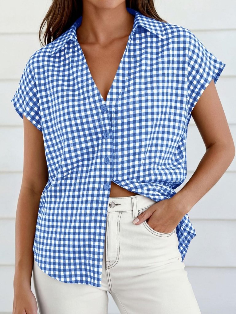 Gingham Print Button - Down Shirt - Sky Blue by Trendsi from FREYA’S CLOSET