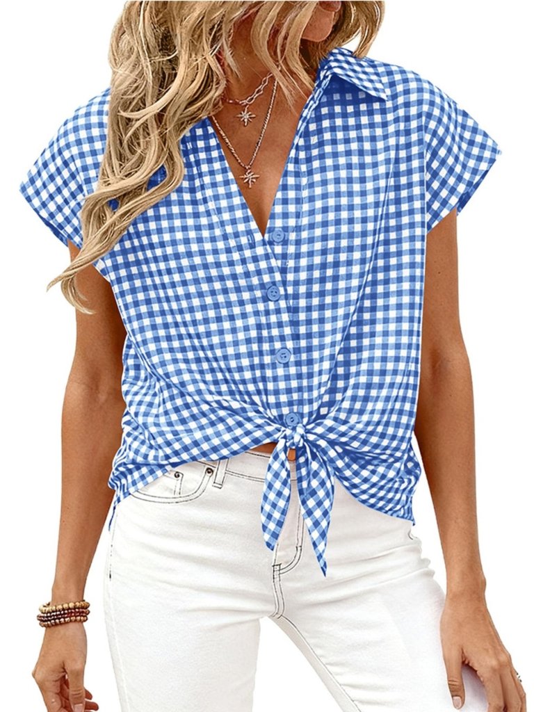 Gingham Print Button - Down Shirt - Sky Blue by Trendsi from FREYA’S CLOSET