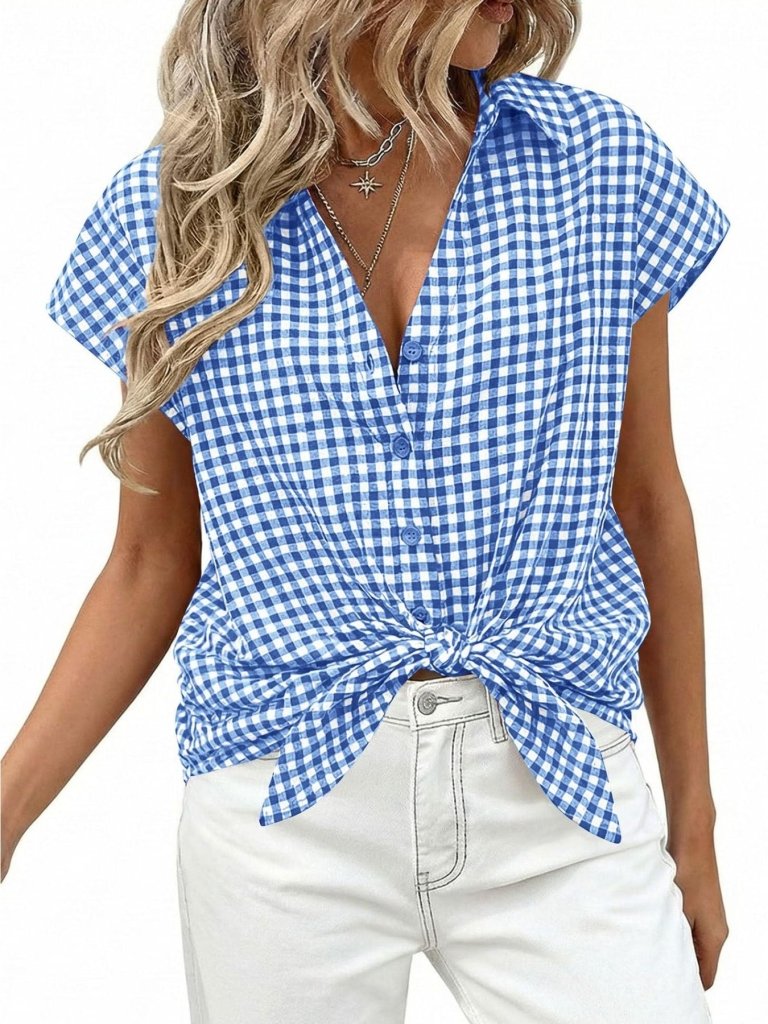 Gingham Print Button - Down Shirt - Sky Blue by Trendsi from FREYA’S CLOSET