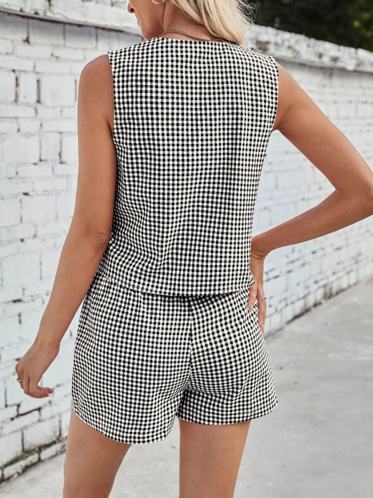 Gingham Print Tie Front Top and Shorts Set - Black by Trendsi from FREYA’S CLOSET