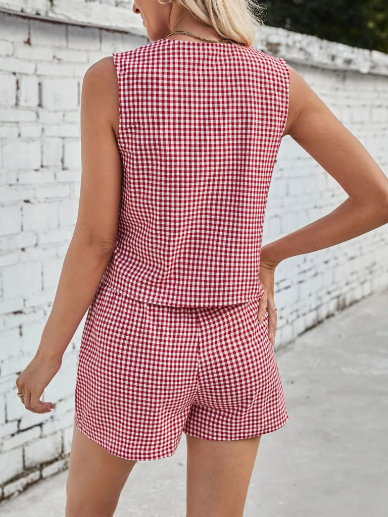 Gingham Print Tie Front Top and Shorts Set - Red by Trendsi from FREYA’S CLOSET