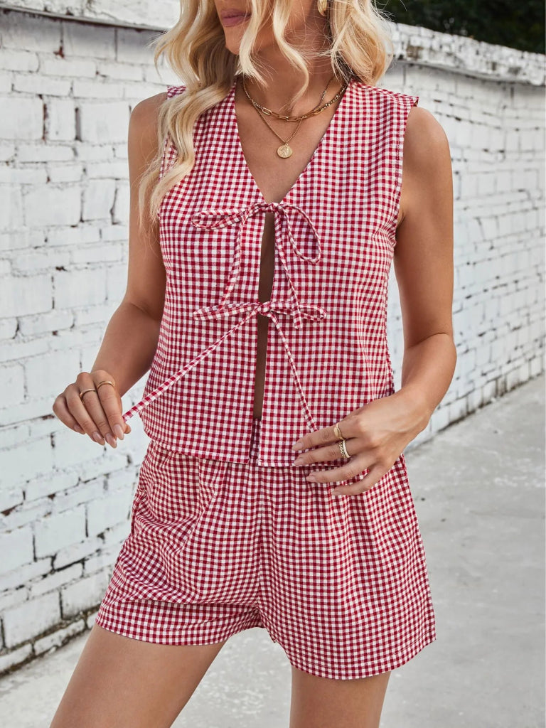 Gingham Print Tie Front Top and Shorts Set - Red by Trendsi from FREYA’S CLOSET