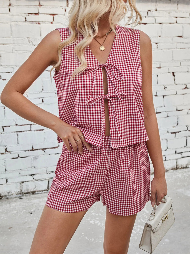 Gingham Print Tie Front Top and Shorts Set - Red by Trendsi from FREYA’S CLOSET
