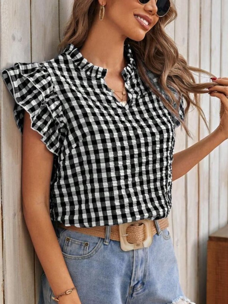 Gingham Ruffle Sleeve Blouse - Black by Trendsi from FREYA’S CLOSET
