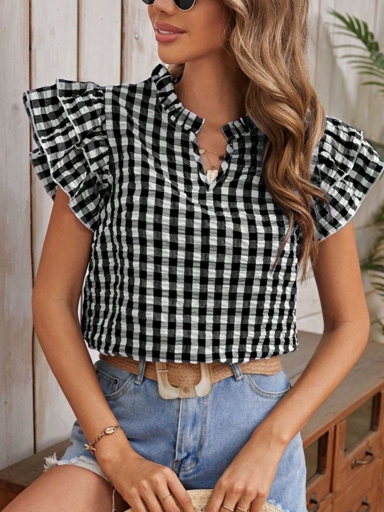 Gingham Ruffle Sleeve Blouse - Black by Trendsi from FREYA’S CLOSET