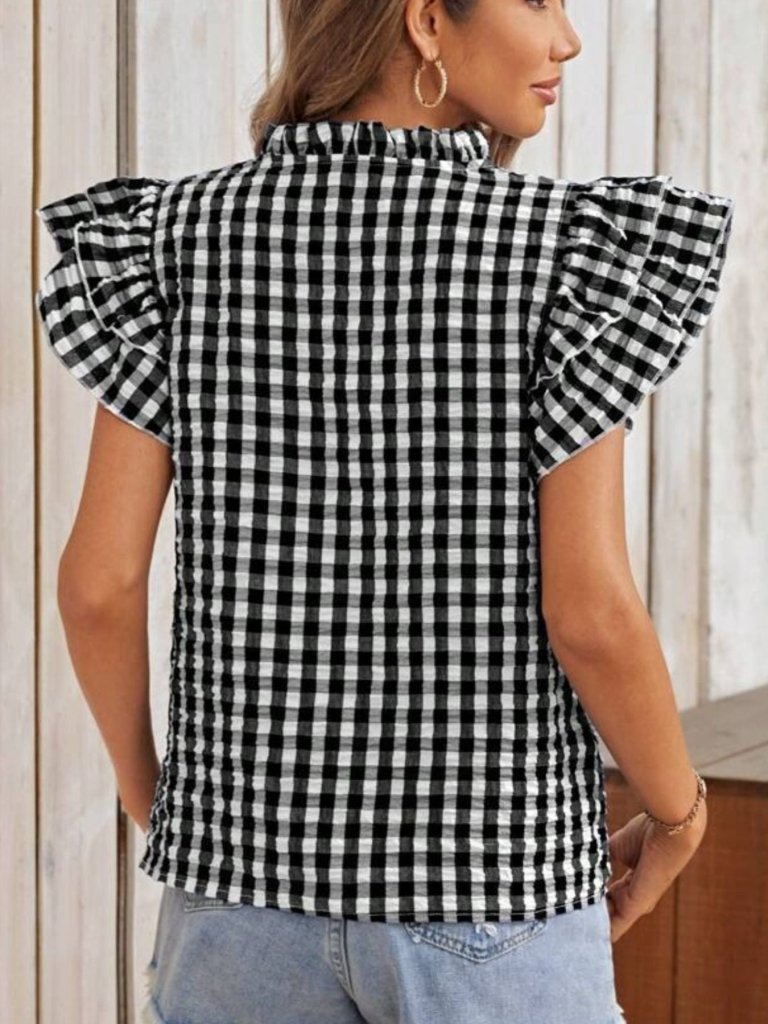 Gingham Ruffle Sleeve Blouse - Black by Trendsi from FREYA’S CLOSET
