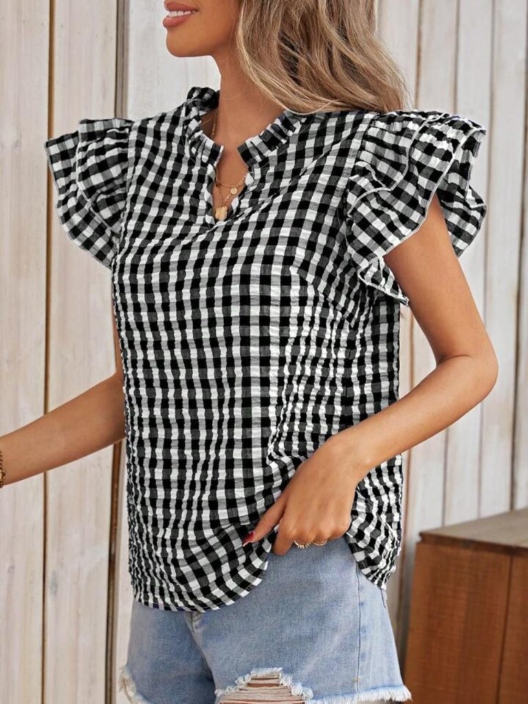 Gingham Ruffle Sleeve Blouse - Black by Trendsi from FREYA’S CLOSET