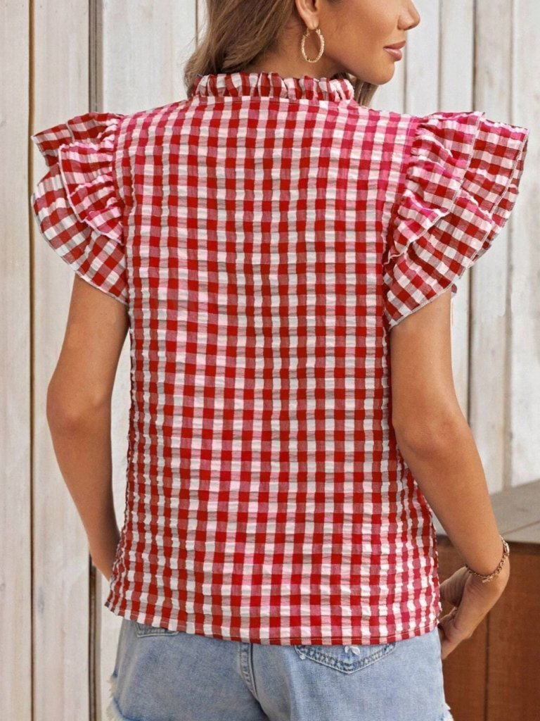 Gingham Ruffle Sleeve Blouse - Deep Rose by Trendsi from FREYA’S CLOSET
