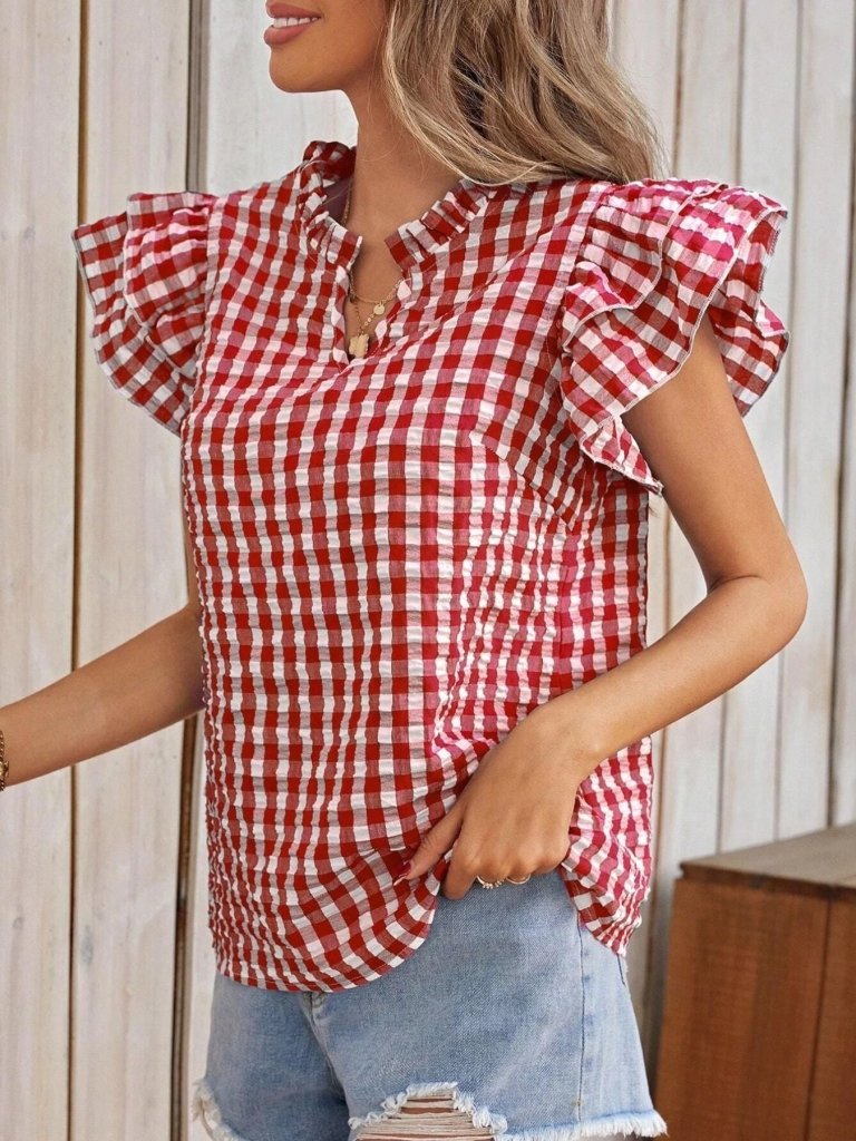 Gingham Ruffle Sleeve Blouse - Deep Rose by Trendsi from FREYA’S CLOSET