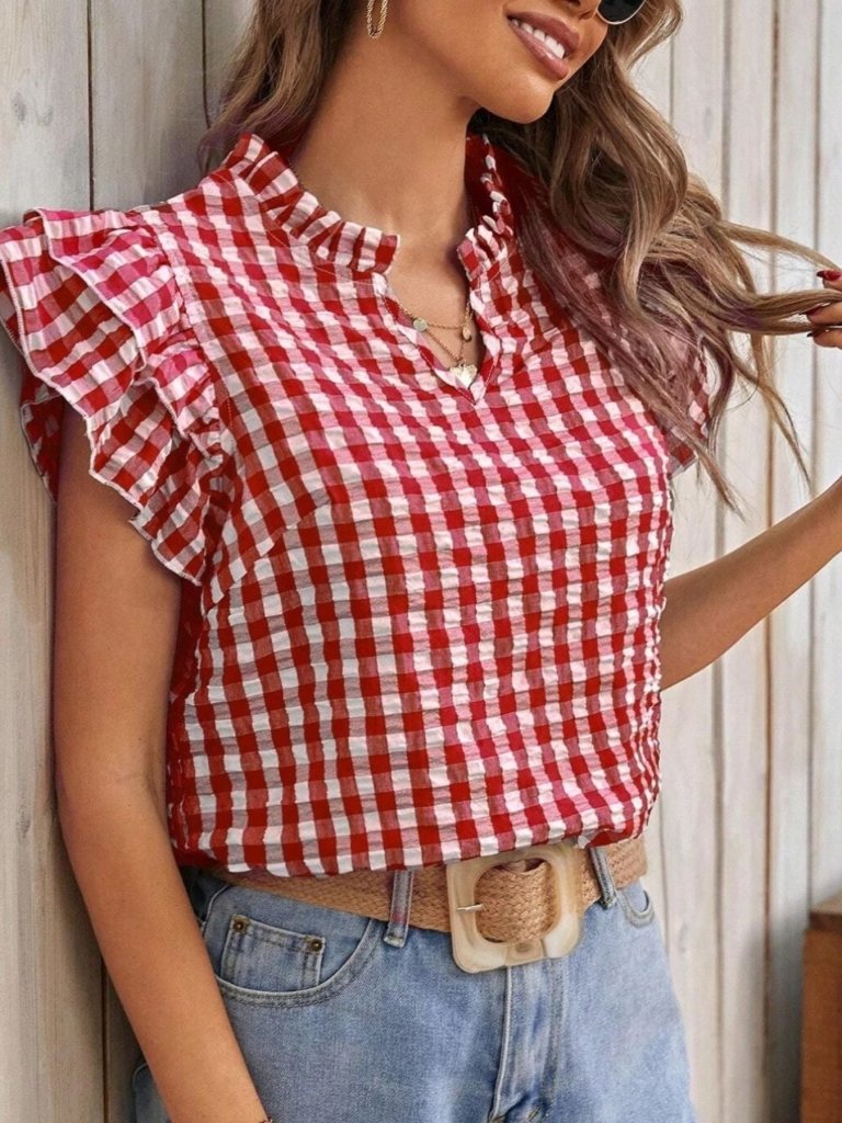 Gingham Ruffle Sleeve Blouse - Deep Rose by Trendsi from FREYA’S CLOSET