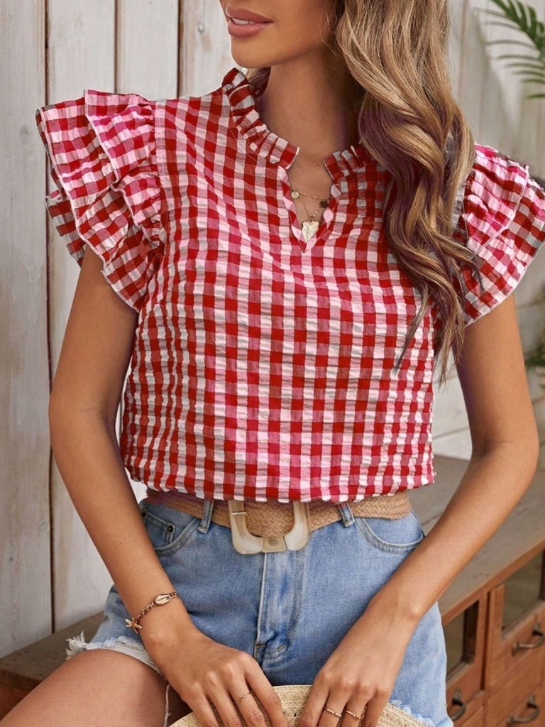 Gingham Ruffle Sleeve Blouse - Deep Rose by Trendsi from FREYA’S CLOSET