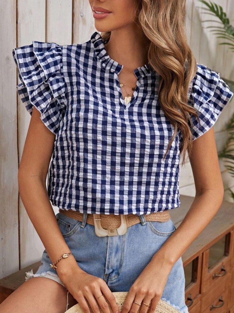 Gingham Ruffle Sleeve Blouse - Royal Blue by Trendsi from FREYA’S CLOSET