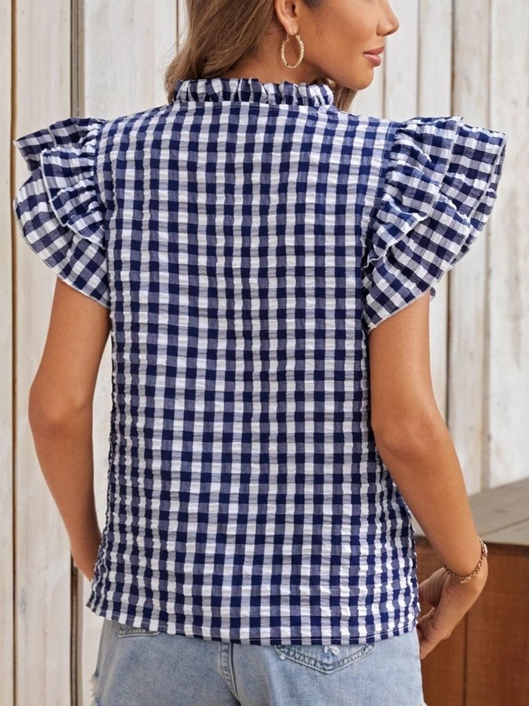 Gingham Ruffle Sleeve Blouse - Royal Blue by Trendsi from FREYA’S CLOSET