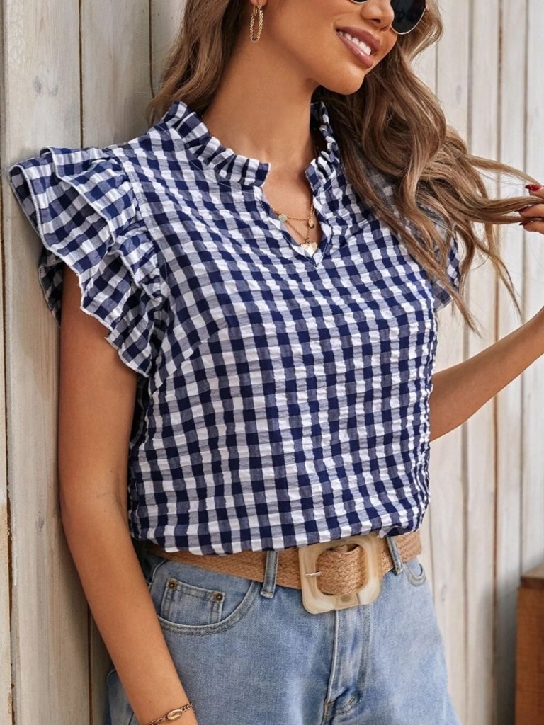 Gingham Ruffle Sleeve Blouse - Royal Blue by Trendsi from FREYA’S CLOSET