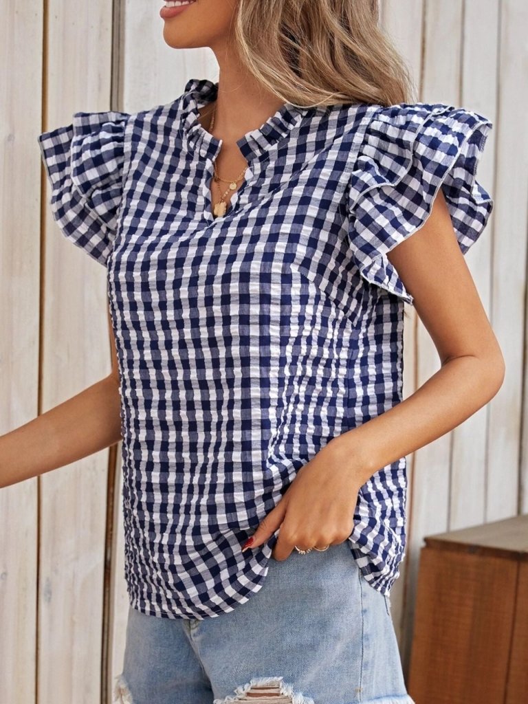 Gingham Ruffle Sleeve Blouse - Royal Blue by Trendsi from FREYA’S CLOSET