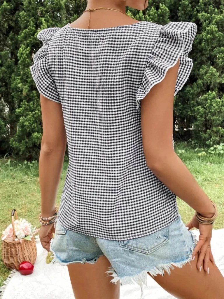 Gingham Ruffle Sleeve Square Neck Blouse - Black by Trendsi from FREYA’S CLOSET