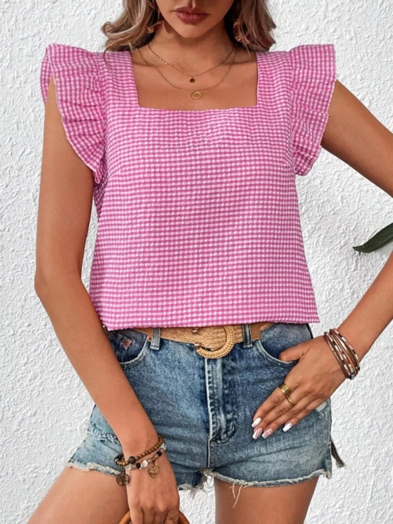 Gingham Ruffle Sleeve Square Neck Blouse - Fuchsia Pink by Trendsi from FREYA’S CLOSET