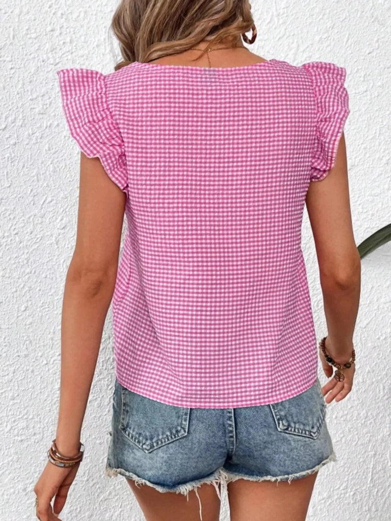 Gingham Ruffle Sleeve Square Neck Blouse - Fuchsia Pink by Trendsi from FREYA’S CLOSET