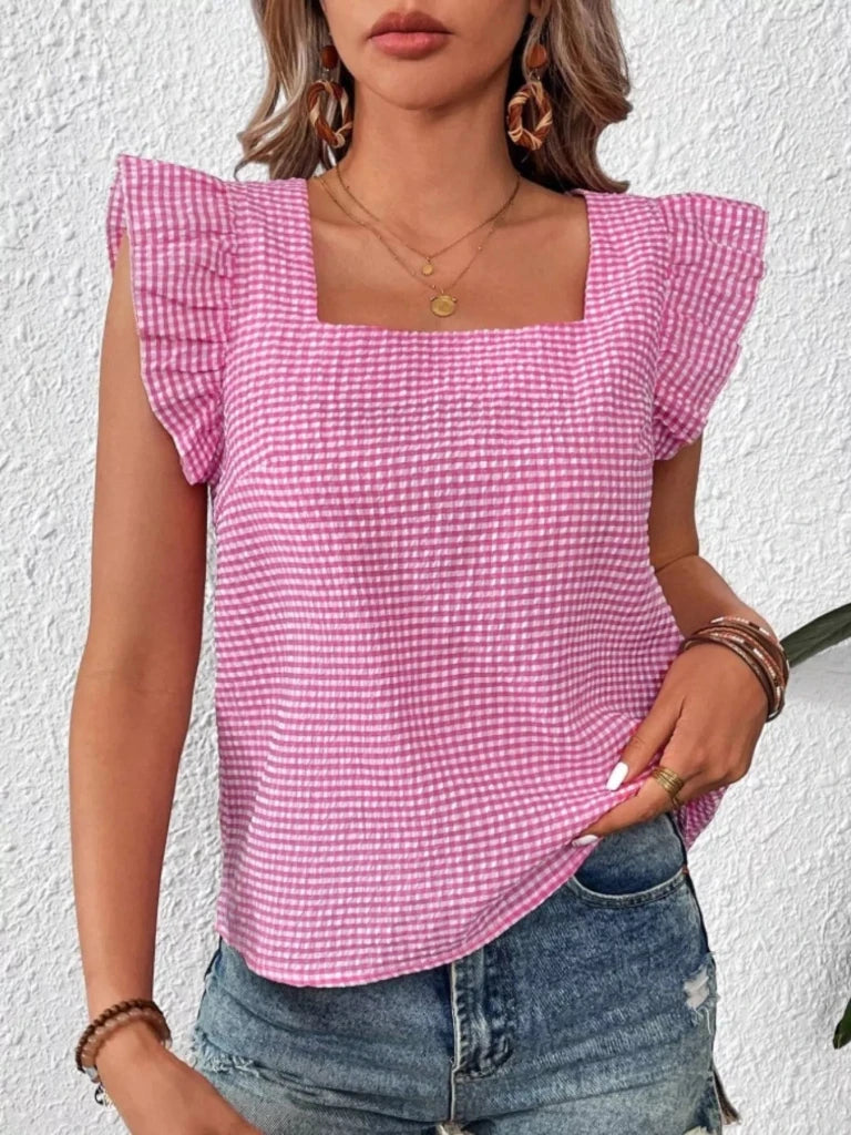 Gingham Ruffle Sleeve Square Neck Blouse - Fuchsia Pink by Trendsi from FREYA’S CLOSET