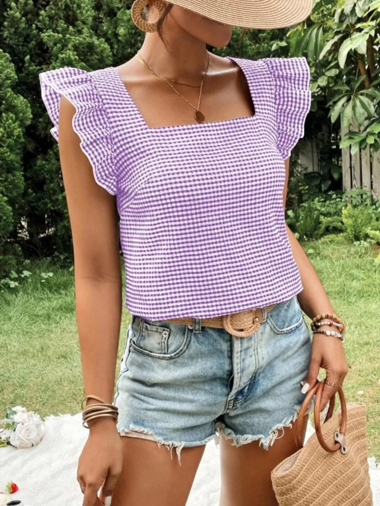 Gingham Ruffle Sleeve Square Neck Blouse - Lavender by Trendsi from FREYA’S CLOSET