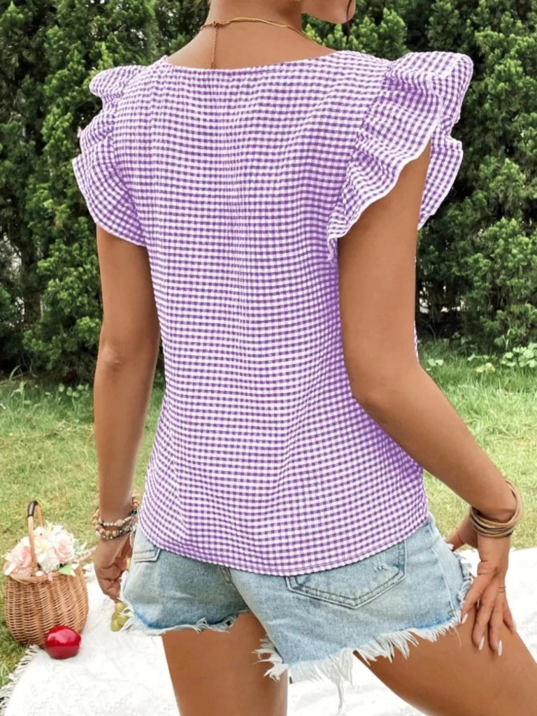 Gingham Ruffle Sleeve Square Neck Blouse - Lavender by Trendsi from FREYA’S CLOSET