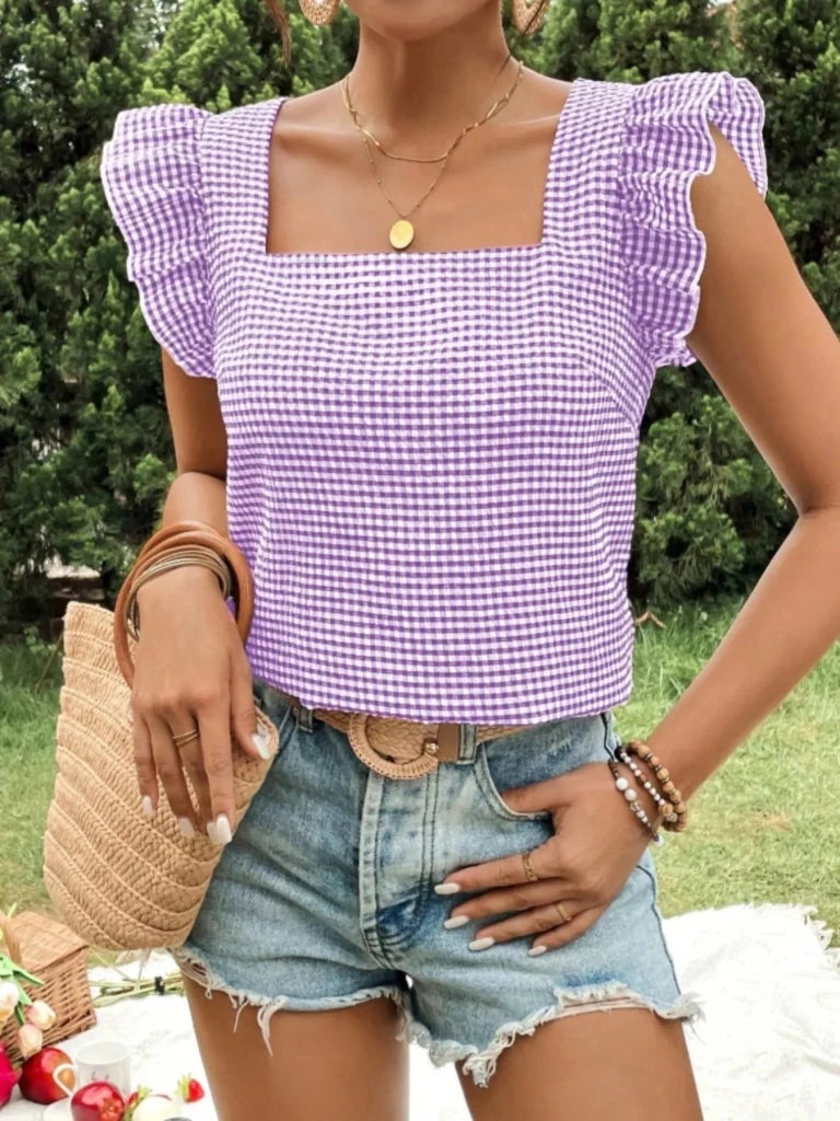 Gingham Ruffle Sleeve Square Neck Blouse - Lavender by Trendsi from FREYA’S CLOSET