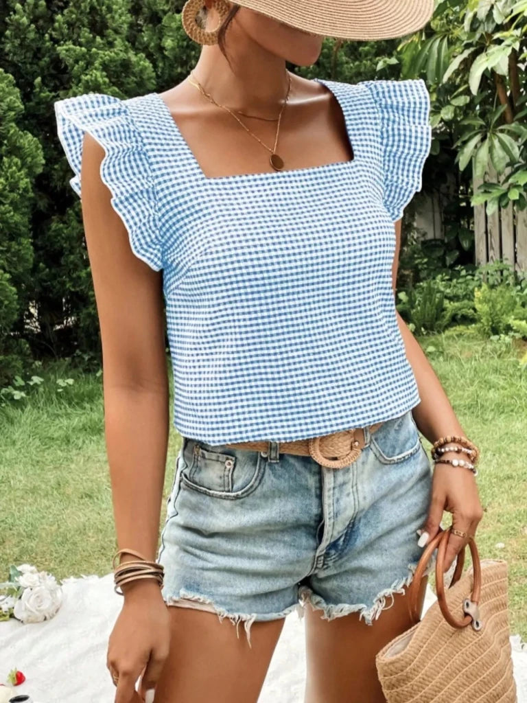 Gingham Ruffle Sleeve Square Neck Blouse - Light Blue by Trendsi from FREYA’S CLOSET
