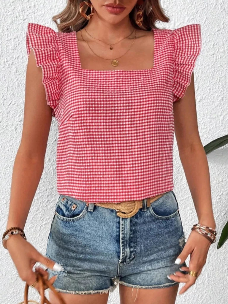 Gingham Ruffle Sleeve Square Neck Blouse - Scarlet by Trendsi from FREYA’S CLOSET