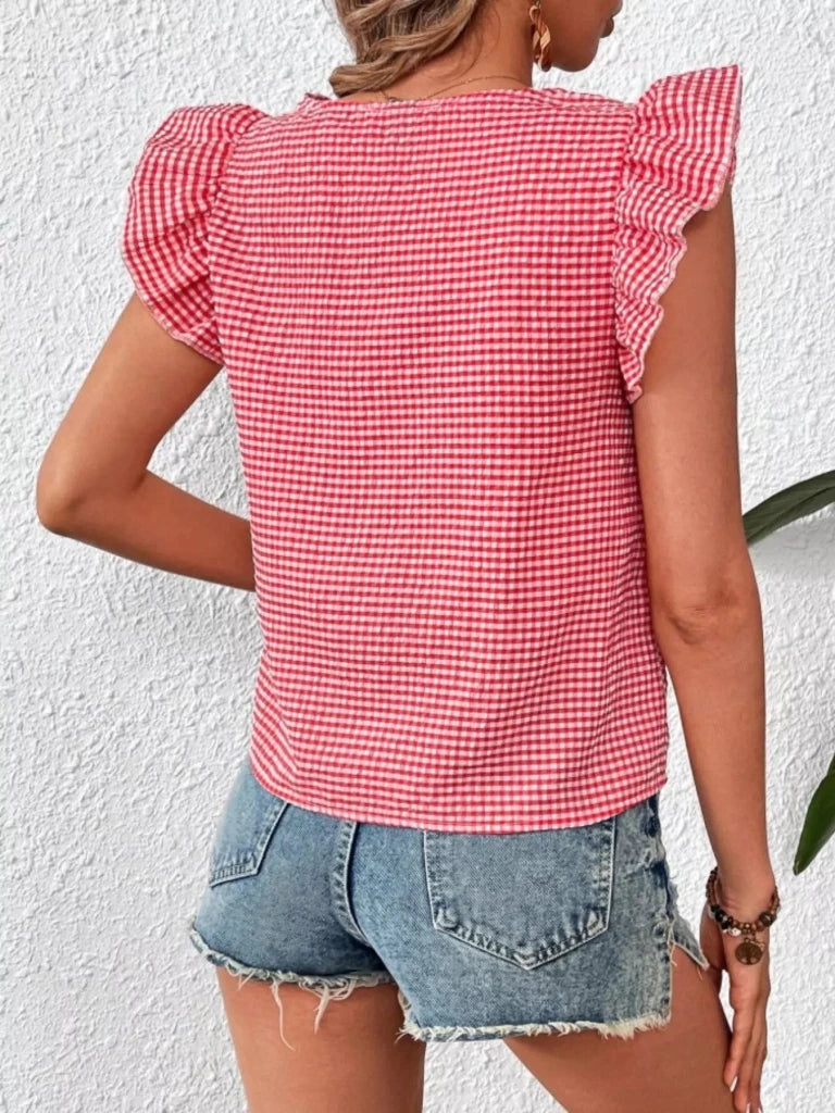 Gingham Ruffle Sleeve Square Neck Blouse - Scarlet by Trendsi from FREYA’S CLOSET