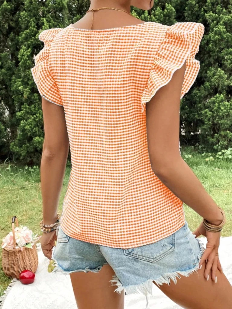 Gingham Ruffle Sleeve Square Neck Blouse - Sherbet by Trendsi from FREYA’S CLOSET
