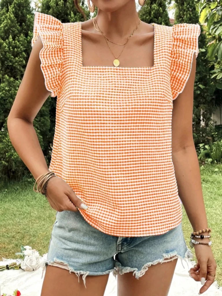 Gingham Ruffle Sleeve Square Neck Blouse - Sherbet by Trendsi from FREYA’S CLOSET