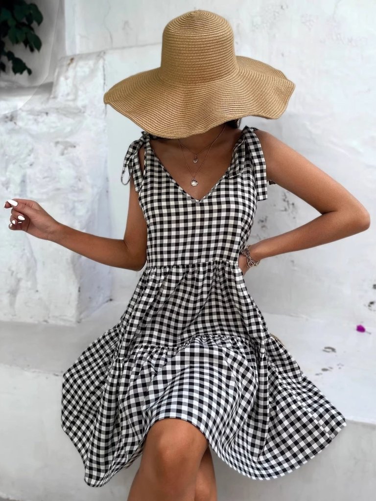 Gingham tie-shoulder tiered mini dress, alternate product image